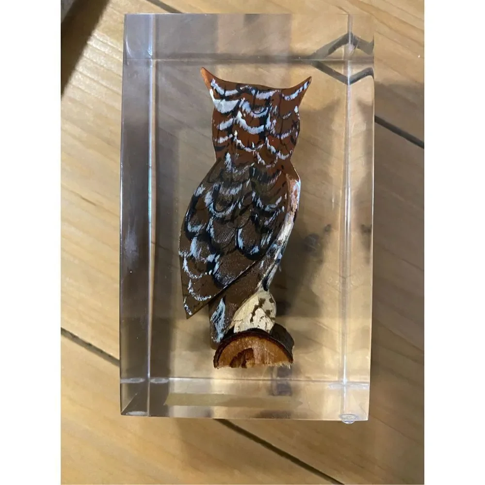 Vintage handcarved wooden horned owl paperweight